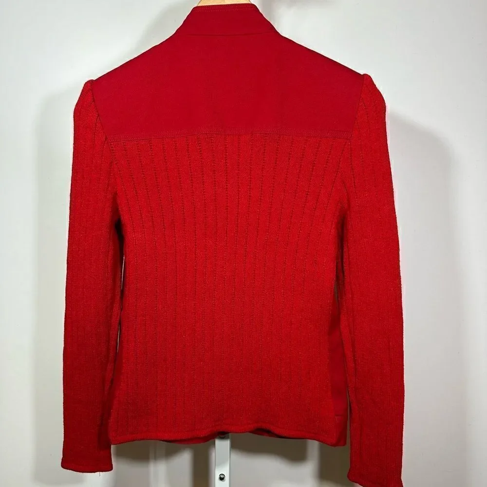 ST. JOHN SPORT Women's Ribbed Cotton Knit Zipper Sweater Jacket Red Size Petite